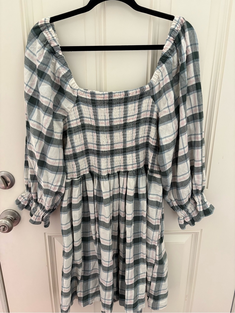 Madewell Lucie Elbow-Sleeve Smocked Mini Dress in Lebaum Plaid Size XL - Picture 5 of 9